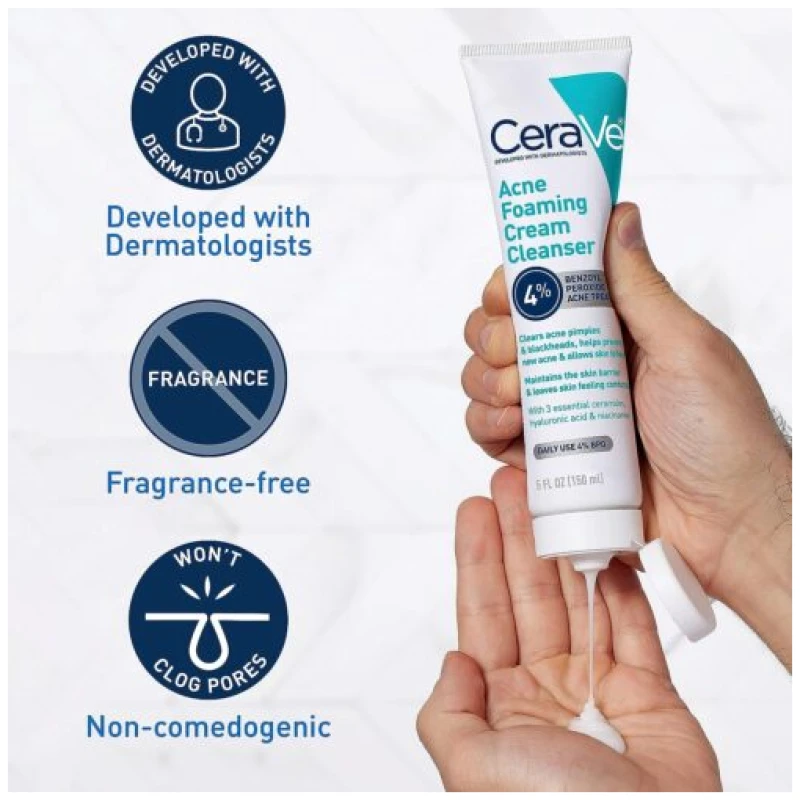 CeraVe Acne Foaming Cream Cleanser with 4% Benzoyl Peroxide, Hyaluronic Acid, and Niacinamide - Image 2