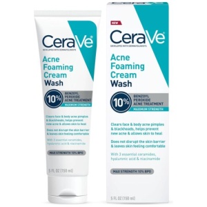 CeraVe Acne Foaming Cream Wash | Face and Body Acne Wash with Benzoyl Peroxide 10% Maximum Strength