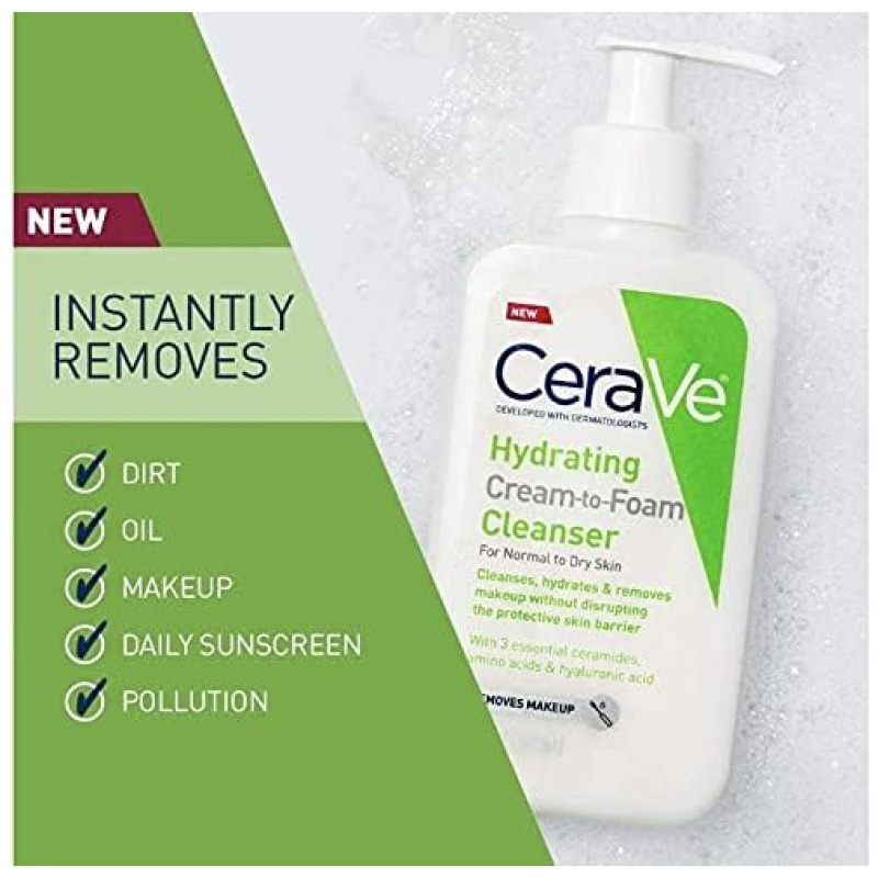 CeraVe Hydrating Cream-to-Foam Hydrating Makeup Remover and Face Wash With Hyaluronic Acid - Image 2