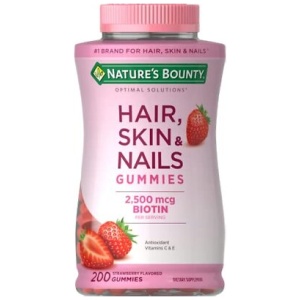Nature's Bounty Optimal Solutions Hair Skin Nails Gummies 2500mcg Biotin 200 strawberry Flavored Gummies,