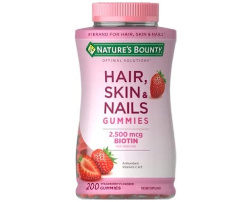 Nature's Bounty Optimal Solutions Hair Skin Nails Gummies 2500mcg Biotin 200 strawberry Flavored Gummies,