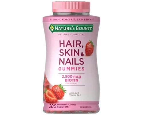 Nature's Bounty Optimal Solutions Hair Skin Nails Gummies 2500mcg Biotin 200 strawberry Flavored Gummies,