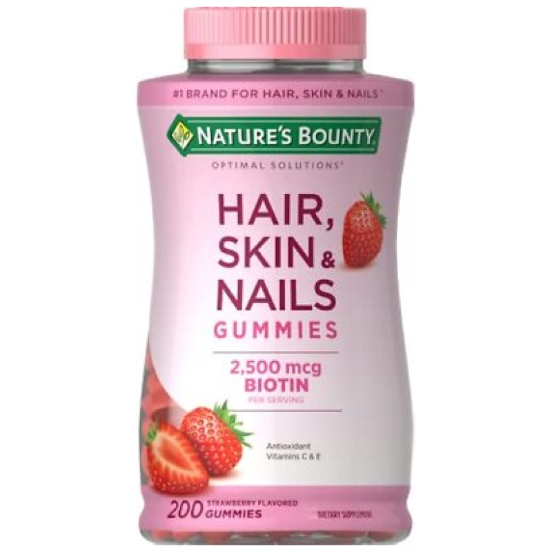 Nature's Bounty Optimal Solutions Hair Skin Nails Gummies 2500mcg Biotin 200 strawberry Flavored Gummies,
