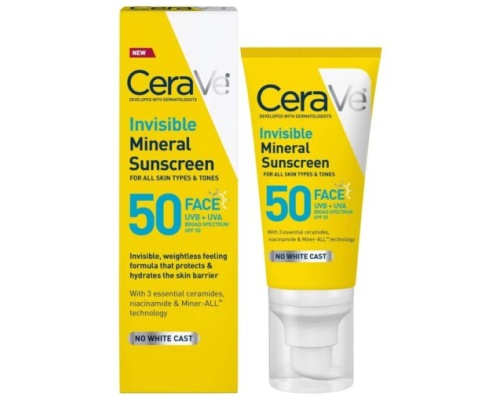 CeraVe Invisible Mineral Face Sunscreen - SPF 50 with 3 essential ceramides,niacinamide &minerall technology